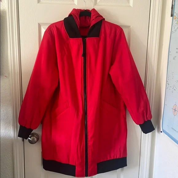 Mycra Pac Reversible Rain Trench Coat Removable Hood Travel M / L Black And Red